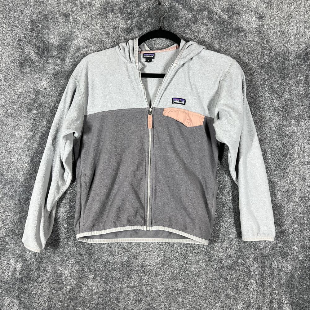 Patagonia Jacket Girls 12 Gray Fleece Hooded Full Zip Pockets Logo Colorblock